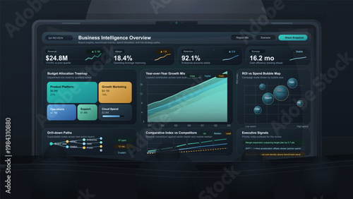 Business intelligence dashboard presentation screen with revenue, retention, ROI, and growth analytics overview