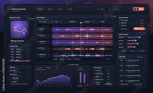 Podcast audio editing dashboard interface with multitrack waveform timeline, transcript, export presets and cleanup tools