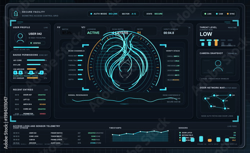 Biometric access control dashboard interface for secure facility with fingerprint scan, threat monitoring and door network map