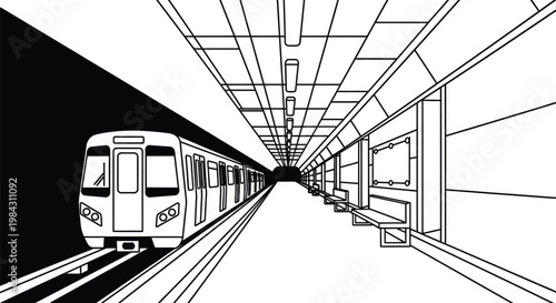 A stark black and white illustration depicts a train within a tunnel showcasing the station s platform and linear perspective silhouette high quality professional