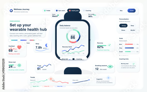Wearable wellness dashboard interface with smartwatch onboarding, health metrics, recovery score, and goal tracking