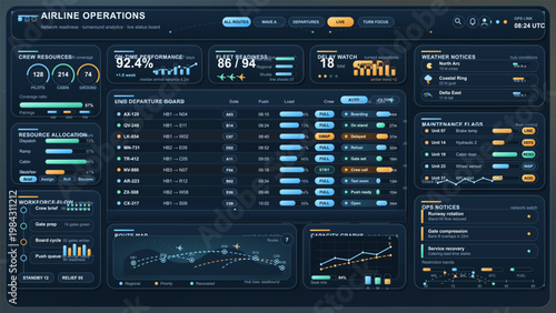Airline operations dashboard interface with departure board, fleet readiness, crew resources and turnaround analytics
