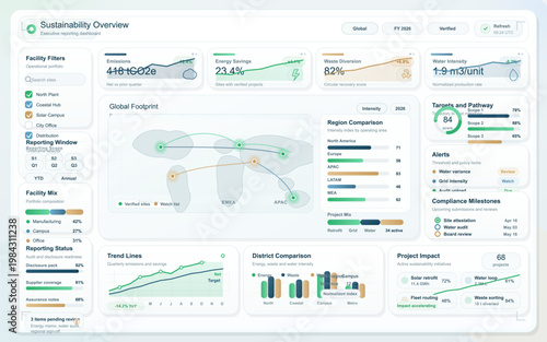 Quadro su tela Sustainability reporting dashboard interface with emissions, energy savings, glo