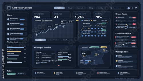 Legal case management dashboard interface with client matters, deadlines, billable hours and compliance alerts