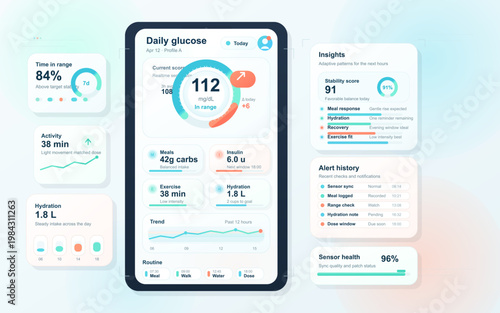 Glucose monitoring tablet dashboard with insulin, meals, hydration, time in range, and health insights
