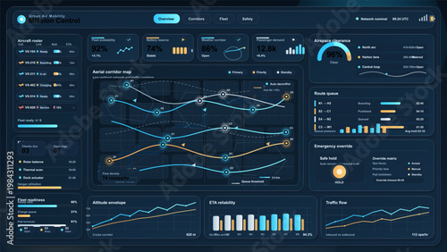 Urban air mobility mission control dashboard interface with aerial corridor map, fleet status and airspace clearance