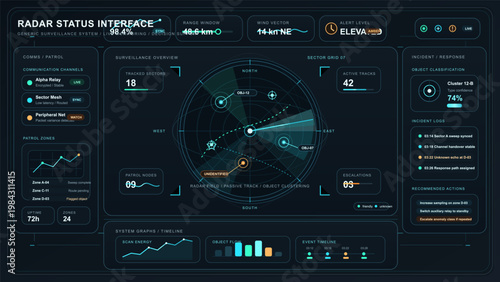 Radar surveillance dashboard interface with circular tracking display, incident response panels and monitoring analytics