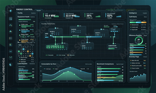 Energy management dashboard interface with smart grid monitoring, facility schematic, charts, and efficiency metrics