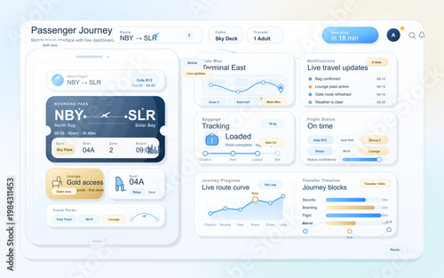 Passenger journey travel dashboard interface with digital boarding pass, flight status, baggage tracking and route widgets