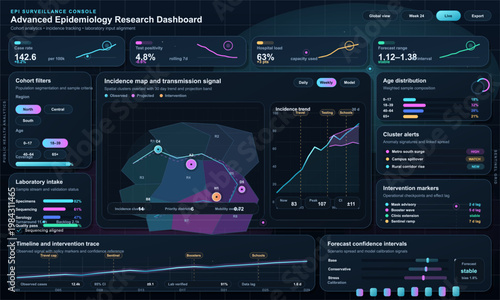Epidemiology surveillance dashboard interface with incidence map, transmission trends, cohort filters, and forecast panels