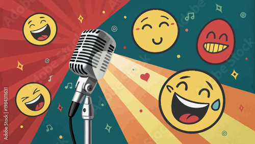 Vibrant stand up comedy poster with microphone emojis and spotlight beams on colorful background
