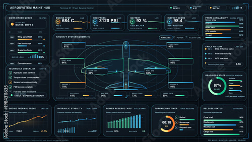 Futuristic aircraft maintenance dashboard interface with airframe schematic, diagnostics telemetry and service control panels