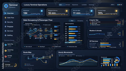 Airport terminal operations dashboard interface with gate occupancy, passenger flow, baggage delivery and security metrics