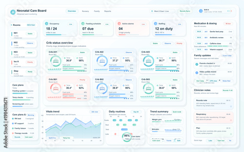 Neonatal care dashboard interface with crib monitoring, medication schedule, family updates and NICU ward analytics