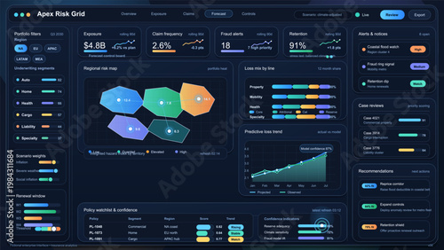 Insurance risk forecasting dashboard interface with regional exposure map, claims analytics and portfolio alerts