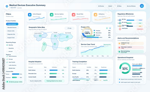 Medical devices executive summary dashboard with geographic sales map, regulatory milestones and service trends