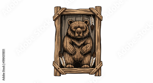 Pixel art of a carved wooden bear within a rustic frame with feathers