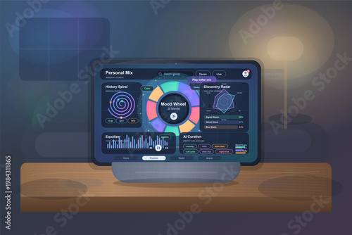 Tablet music streaming dashboard interface on desk in dark room with colorful audio analytics and playlist controls