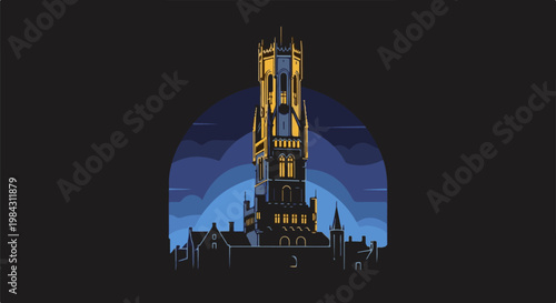 Pixel art of a tall gothic tower illuminated by moonlight against a dark sky