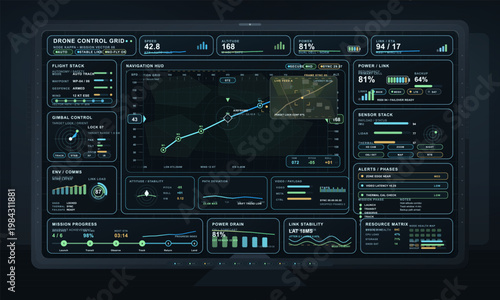 Drone control dashboard interface with navigation HUD, sensor telemetry, power status, and mission progress