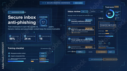 Cybersecurity awareness dashboard with anti-phishing inbox review, link analysis, trust score, and secure message training