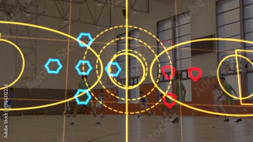 Vertical video: Sports overlays animating around players as blue player driving, shooting to score