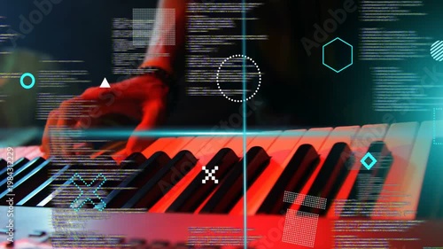 Male musician right hand entering left, hovering, pressing keys, making synth sound as HUD scanning