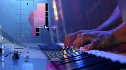 Camera tightening on hands playing keys as graphics sliding and vocalist joining enhancing visuals