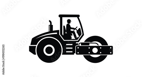A stark black silhouette depicts a road roller with a driver inside the cabin showcasing construction equipment silhouette high quality professional detailed modern elegant