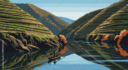 Pixelated boat navigates calm river between terraced hills