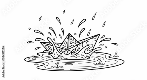 Paper boat splashes in wavy water with falling droplets