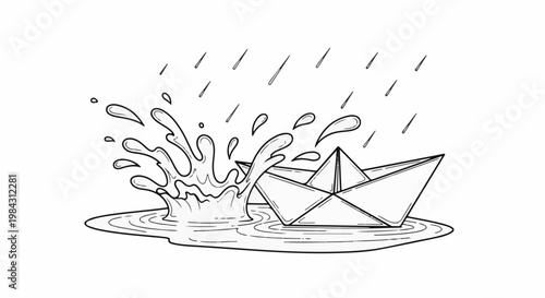 Paper boat tossed by rain and splashing water in abstract sketch style