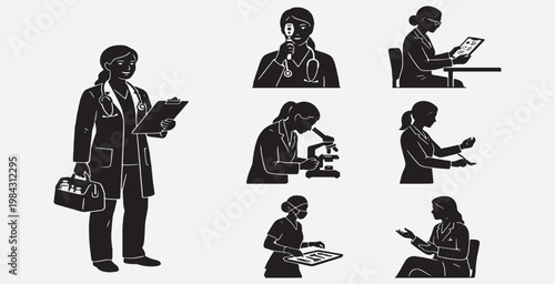 Set of female doctor icons in silhouette, representing various medical activities and professions.