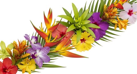 Vibrant tropical flower arrangement with colorful blooms and greenery on isolated white background for decoration or design