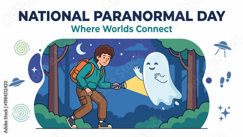 A man with a backpack shines a flashlight on a friendly ghost in a dark forest, celebrating National Paranormal Day.