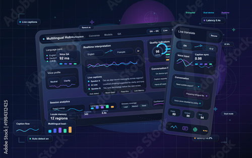 Multilingual live translation dashboard with mobile app interface, realtime interpretation, captions and language analytics