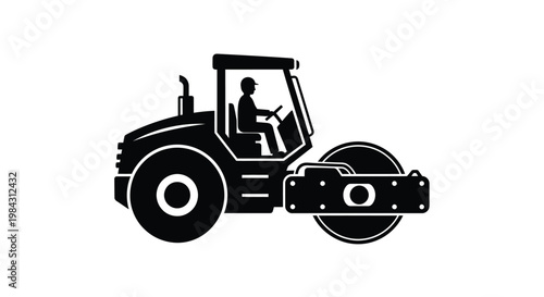 A stark black silhouette depicts a road roller with an operator showcasing construction machinery against a white background silhouette high quality professional detailed modern