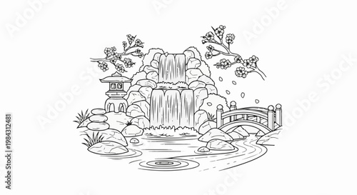 Peaceful Japanese garden scene with a cascading waterfall and blooming trees