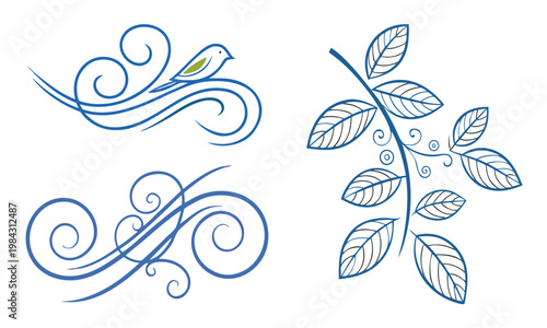 Decorative blue swirling elements with a small bird and a leafy branch design