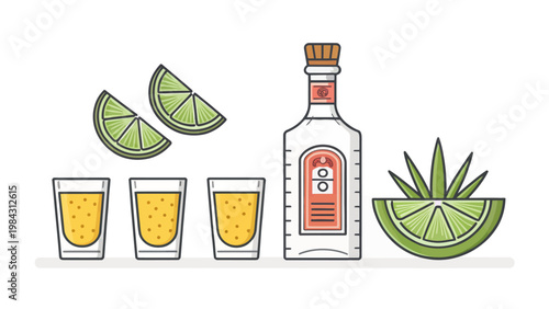 Tequila icon set with shot glasses lime slices and agave plant on white background for party and drink concept