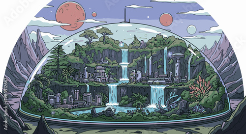 Pixelated dome contains lush waterfall ecosystem with futuristic structures