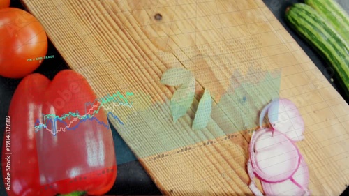 Cutting board and knife slicing purple slices on knife entry, graphs tracking slices for recipe