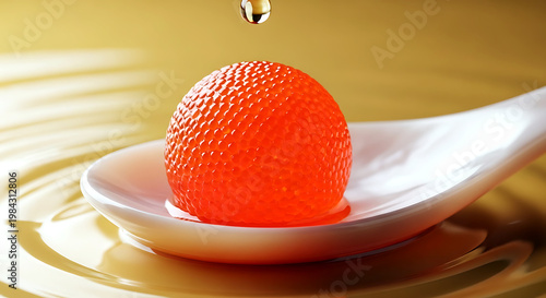 a single, enormous, perfectly spherical salmon roe (ikura) pearl, its membrane taut, glistening, on a spoon made of mother-of-pearl 