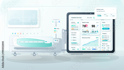 Hospital bedside care dashboard tablet with patient vitals, infusion monitor and smart clinical room interface