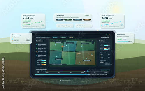Smart farming dashboard interface with remote sensing crop map, yield forecast panels, and precision agriculture analytics