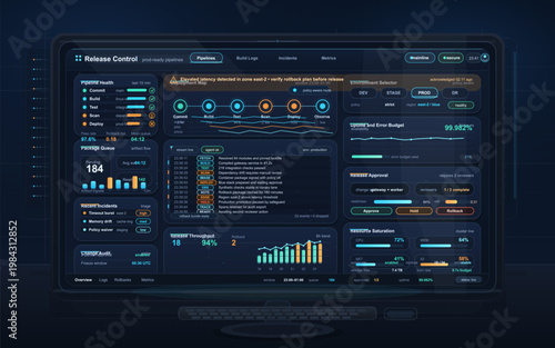 DevOps release control dashboard with deployment pipeline monitoring, approval workflow, uptime metrics and dark UI