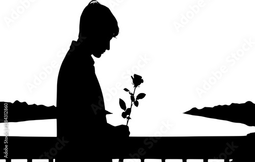 Lonely Person on Bridge Silhouette with Rose, Emotional Melodrama and Heartbreak Vector, Night Solitude Concept Icon