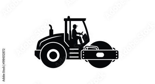 A stark black image depicts a road roller machine driven by a figure against a white background presented as a silhouette high quality professional