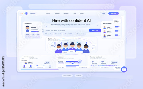 AI recruiting dashboard interface with talent matching, shortlist queue, digital workforce, and recruiter analytics