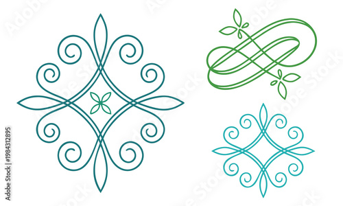 Three elegant decorative swirl ornaments in teal and green isolated on a white background